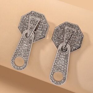 Silver Toned Geometric Zipper Shape Crystal Earrings